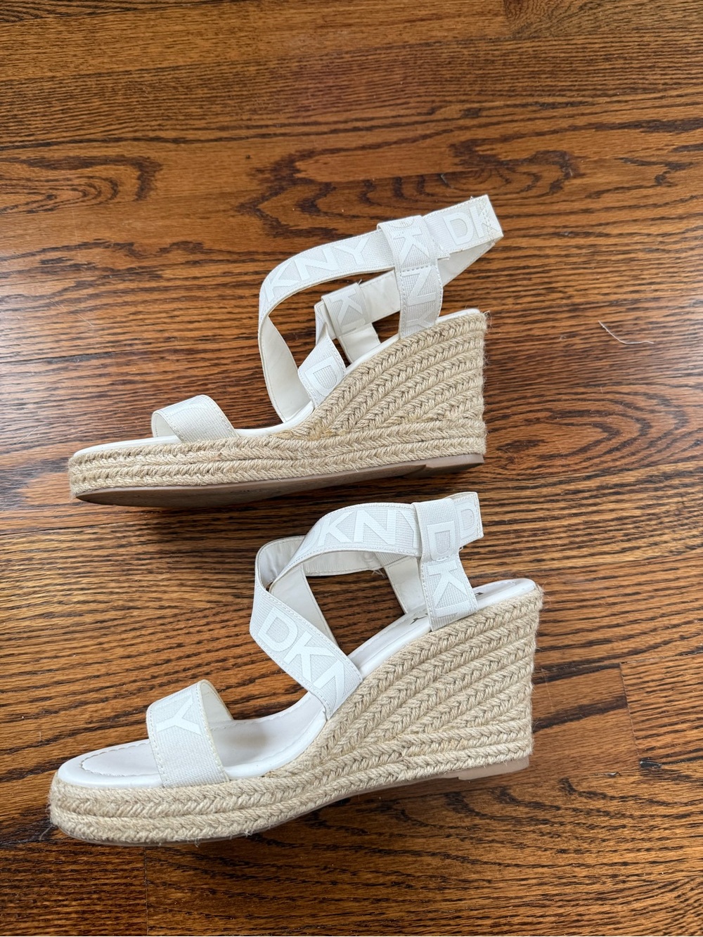 DKNY Cream White Logo Strap Wedge Sandals